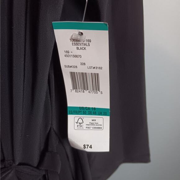 NWT Black Label by Evan-Picone Black Faux Wrap V-Neck 3/4 Sleeve Dress Size 16 - Picture 4 of 5